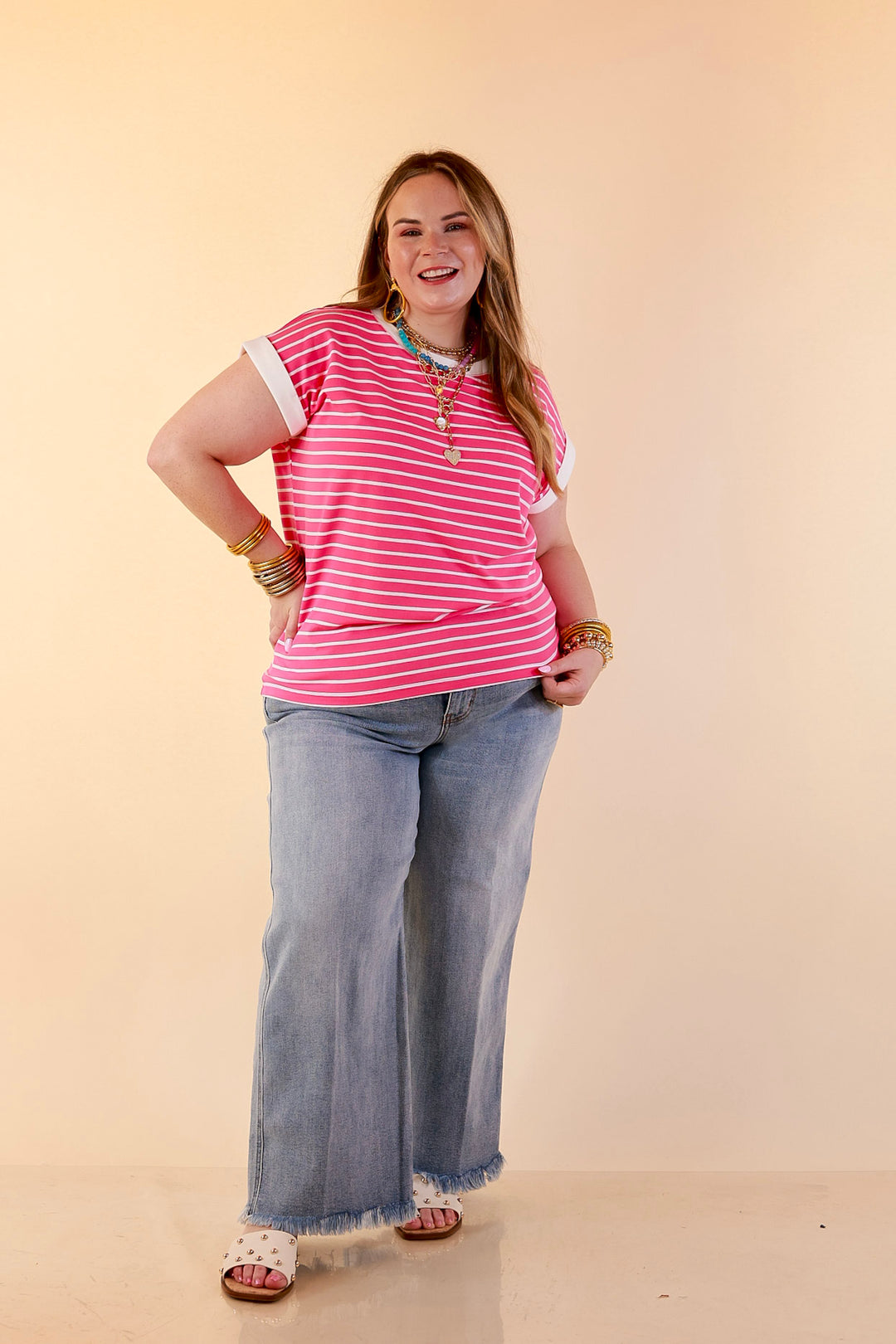 Right on Repeat Scoop Neck Cap Sleeve with Contrast Trim Striped Tee Top in Fuchsia Pink