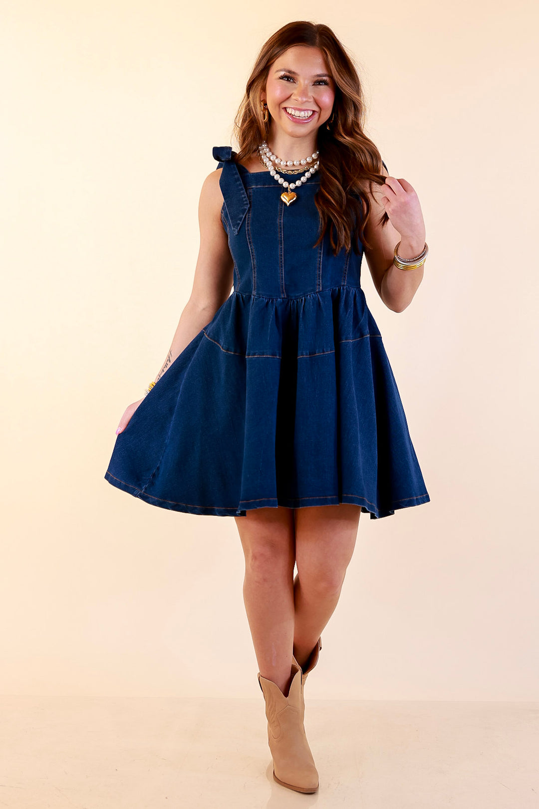 Denim Daydream Tie Shoulder Square Neck Tiered Corset Denim Mini Dress in Dark Wash