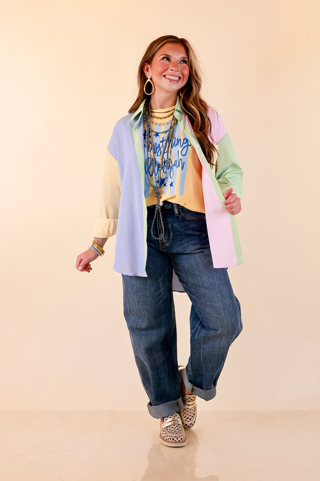 GUG Original | Sweet Harmony Long Sleeve Button Down Color Block Pinstripe Shirt in Bright Mix