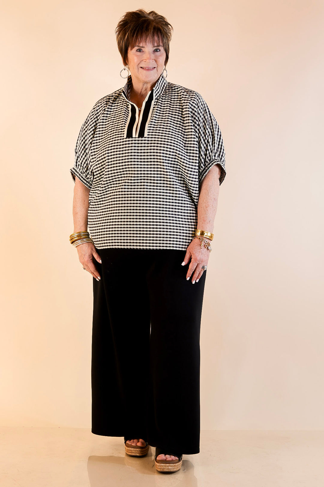 Naturally Stylish Gingham Plaid Top with Contrast Stripe Trim and Short Dolman Sleeves in Black