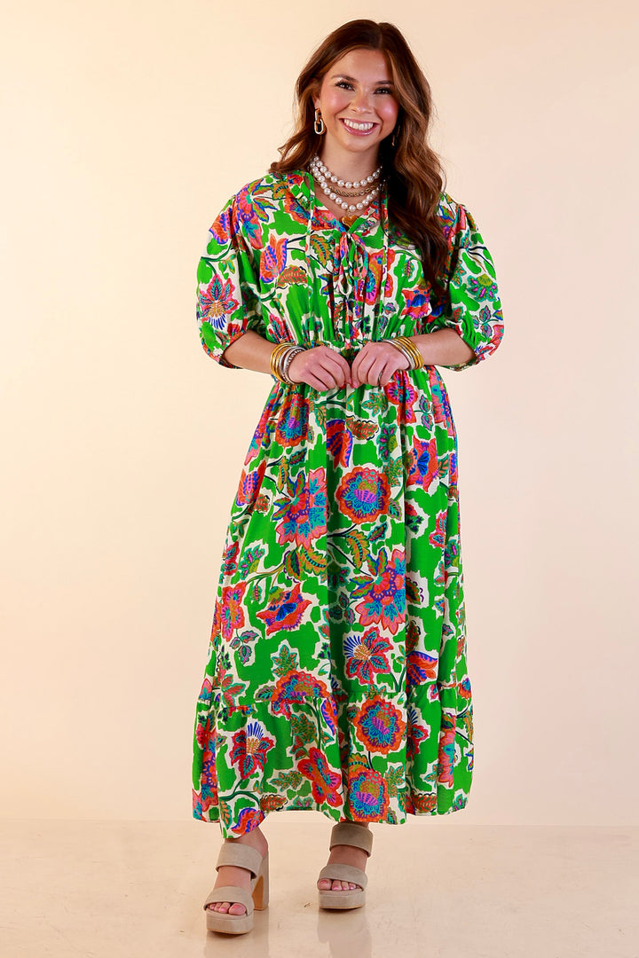 Color Me Happy Floral Print Midi Dress with Tie Neckline and Puff Sleeves in Green