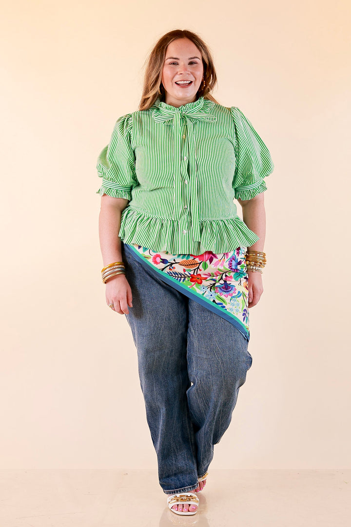 Tea Time Charm Tie Neck Puff Sleeve Peplum Button Front Stripe Blouse in Kelly Green