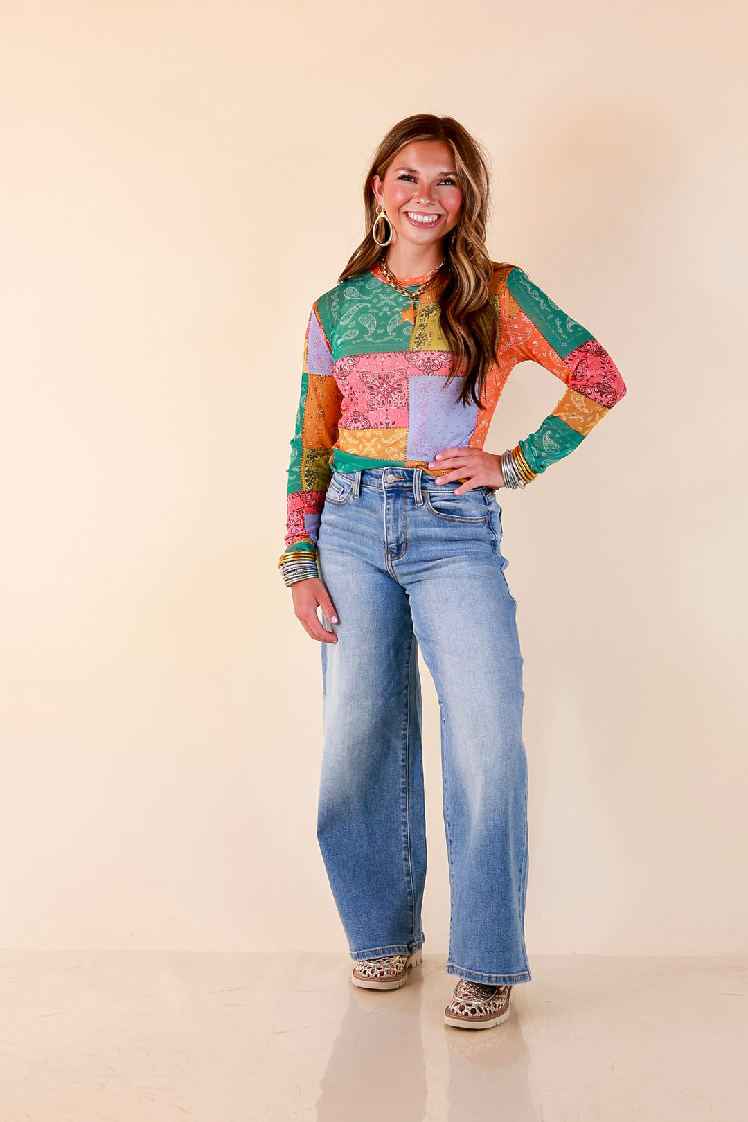 Western Dream Patchwork Paisley Bandana Print Sheer Mesh Long Sleeve Top in Multicolor