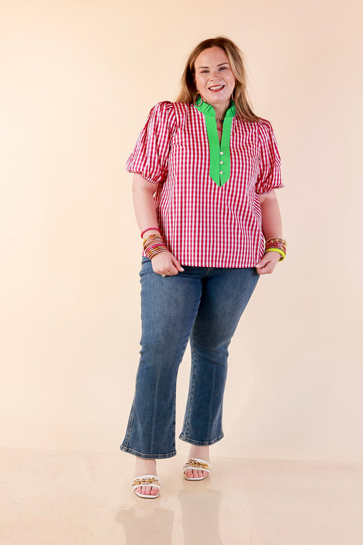 Polished &amp; Playful Short Puff Sleeve Gingham Top with Contrast Green Trim in Hot Pink and White