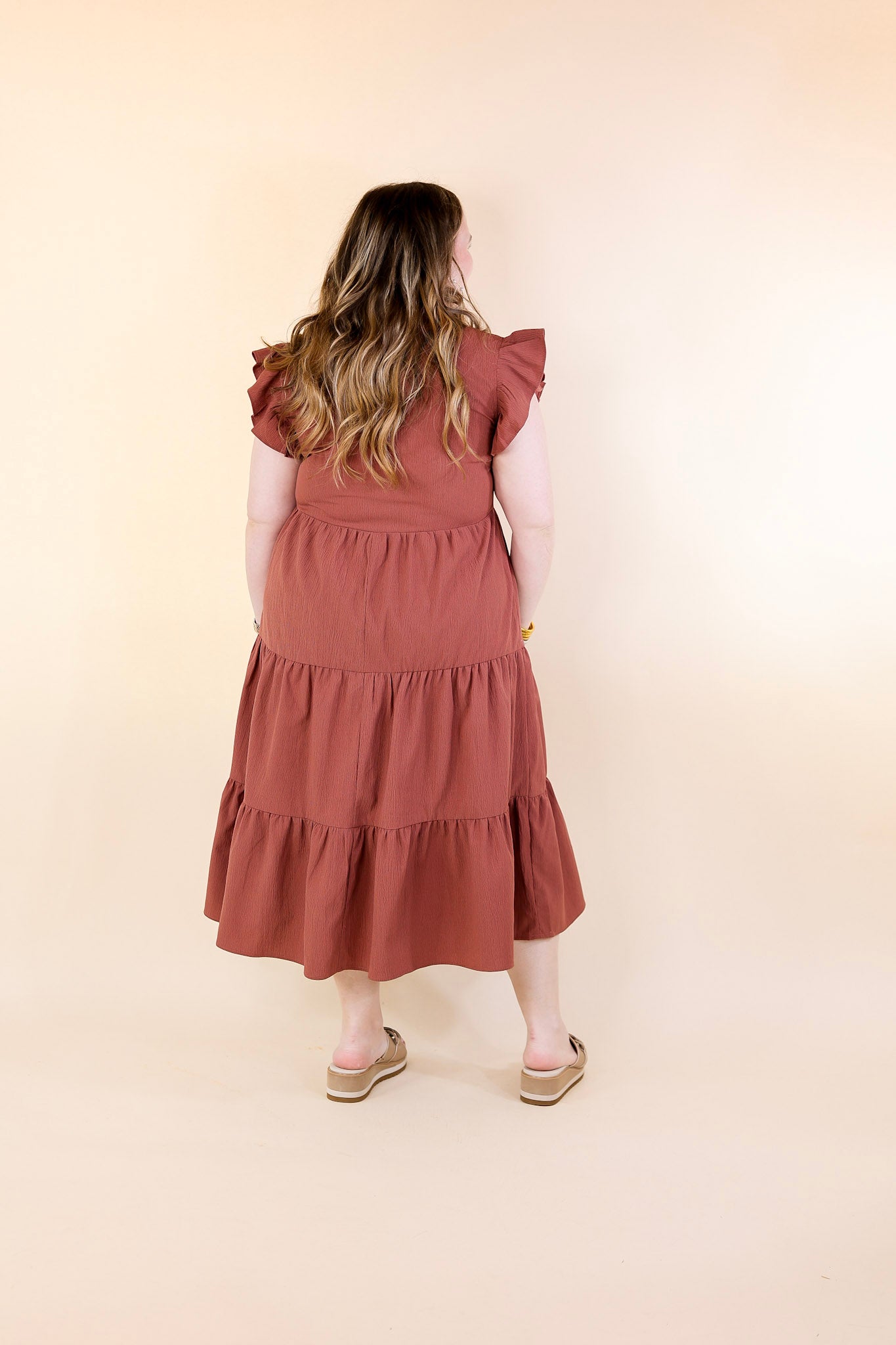 Magnolia Morning Ruffle Cap Sleeve Tiered Midi Dress in Cinnamon (Rust/Clay/Brown)