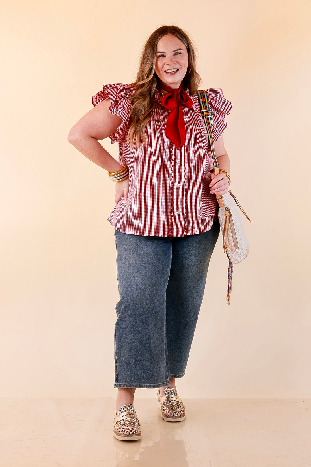 Front Porch Favorite Ruffle Sleeve Button Front Gingham Blouse with Scallop Trim in Dark Crimson Red