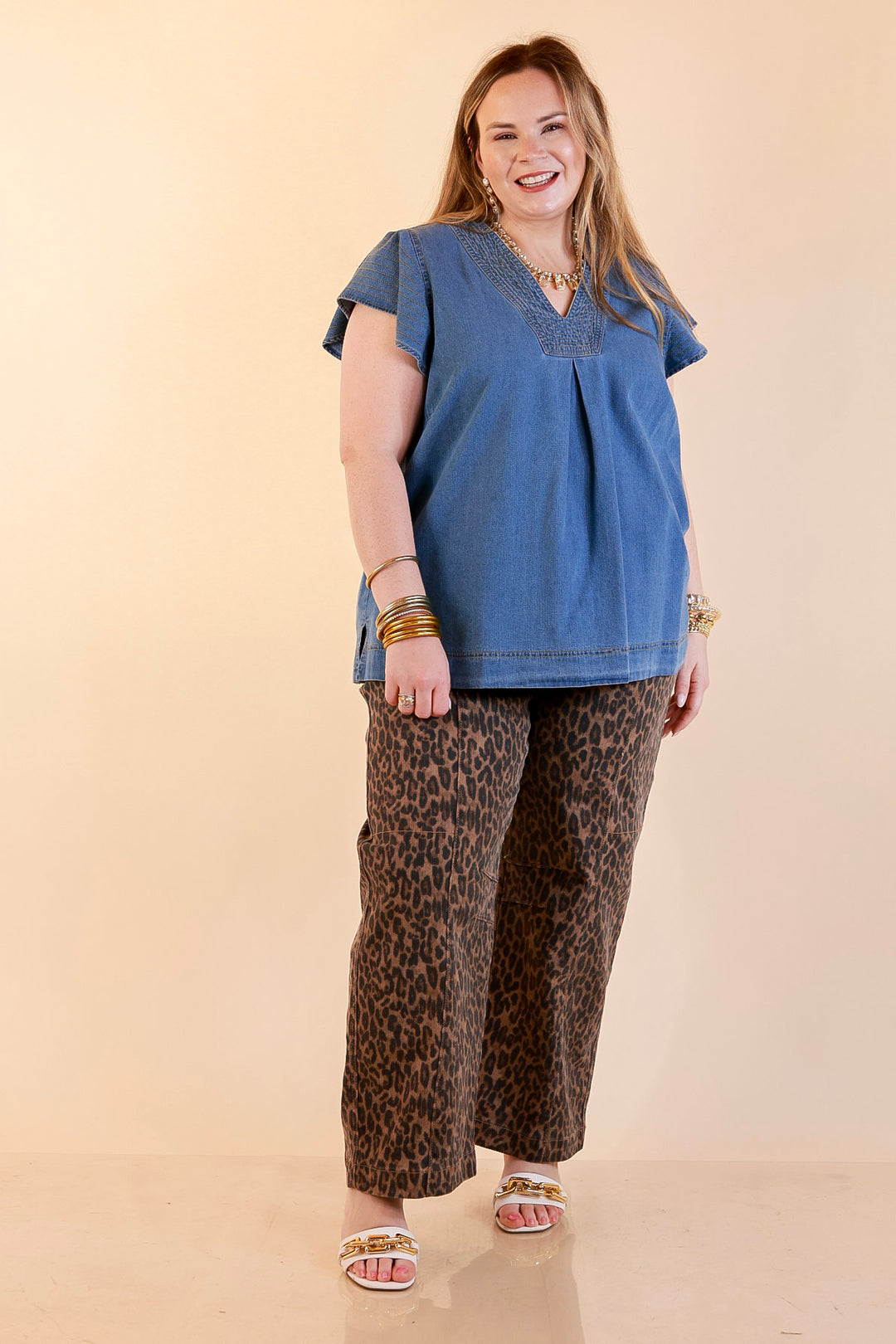 Clean and Collected V Neck Denim Top with Stitch Detail and Drop Shoulder Cap Sleeve in Medium Wash