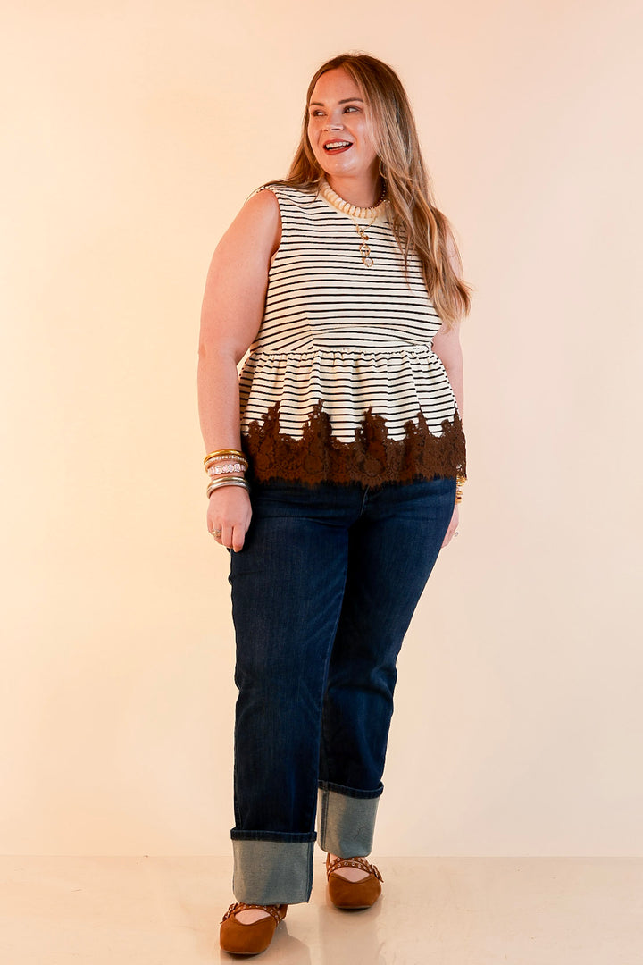 Sweet on Style Striped Peplum Sleeveless Tank Top with Lace Trim Detailing in Ivory and Chocolate Brown