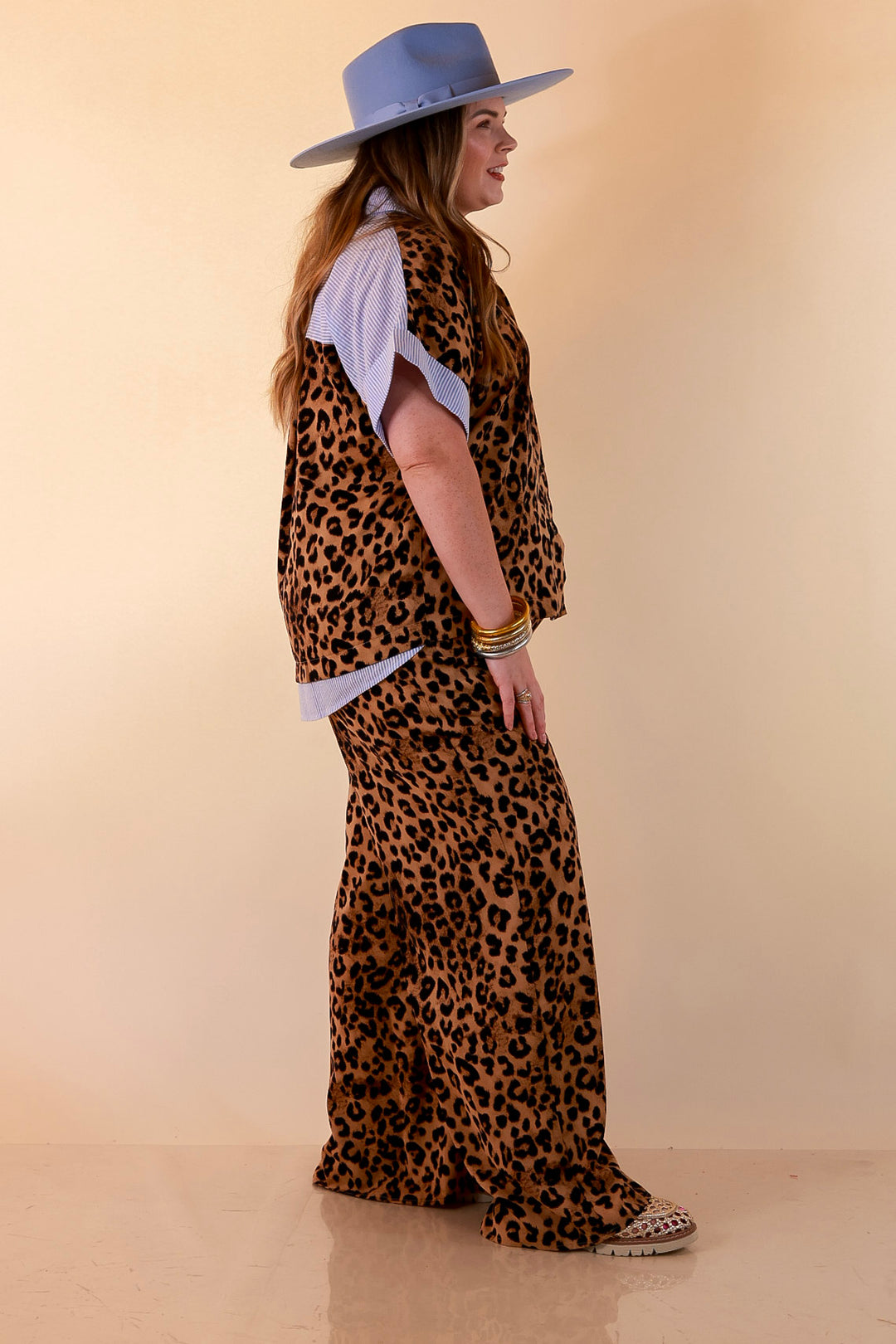 Relaxed Refinement Blue Stripe Detail Button Front Collared Top with Matching Wide Leg Pants Set in Leopard Print