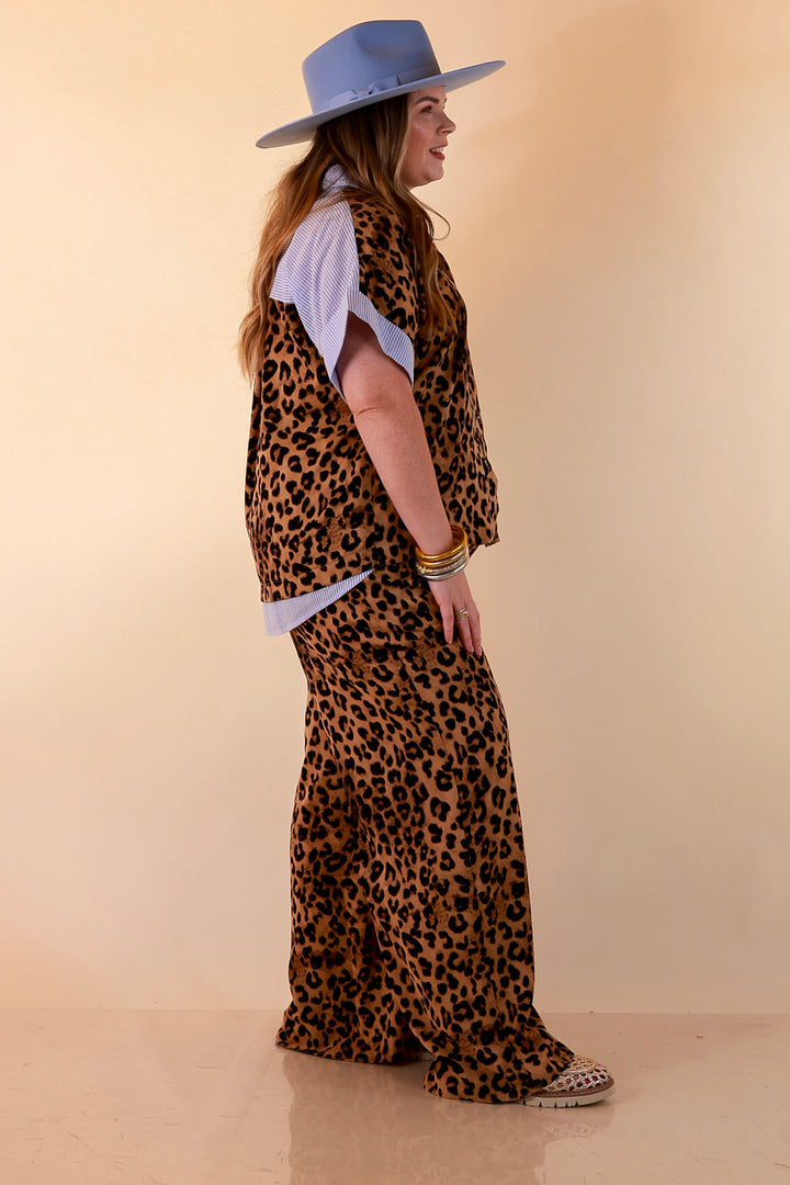 Relaxed Refinement Blue Stripe Detail Button Front Collared Top with Matching Wide Leg Pants Set in Leopard Print