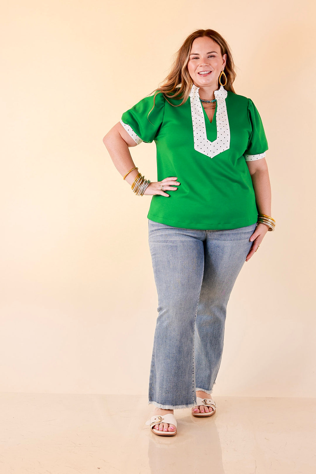 Confidently Yours Contrast Polka Dot Trim Puff Sleeve Top in Kelly Green