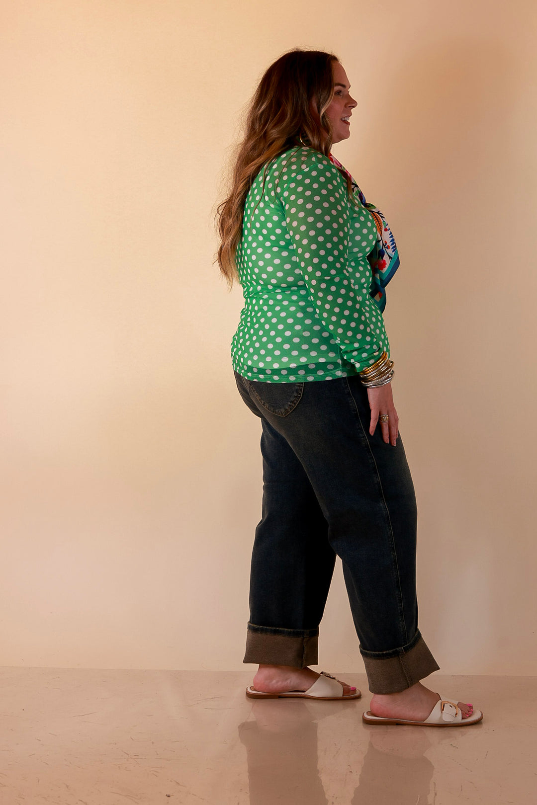 The Essential Layer Polka Dot Print Sheer Mesh Long Sleeve Top in Kelly Green