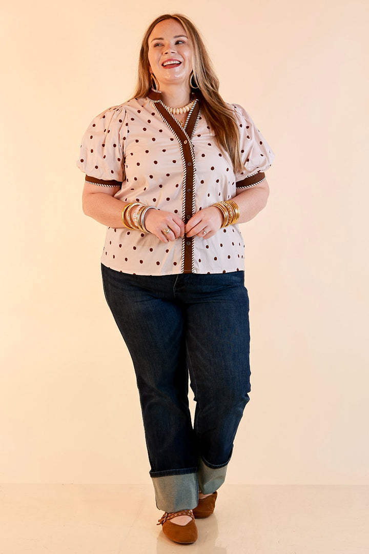 Pop of Polish Short Puff Sleeve Button Front Polka Dot Print Top with Contrast Trim in Ivory and Chocolate Brown