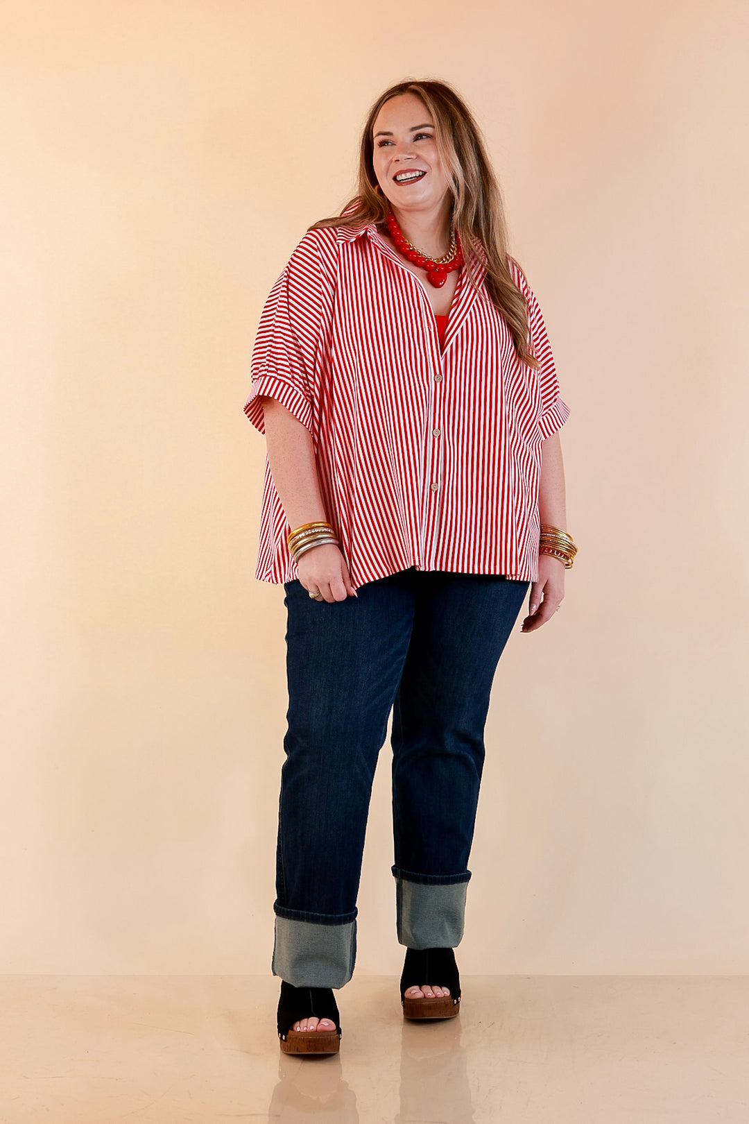 Perfectly Aligned Button Down Collared Top with Vertical Ivory Stripe Detail in Red