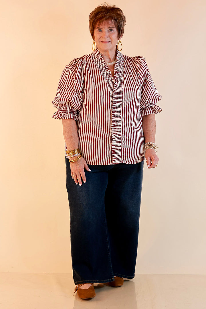 Made You Look Striped Ruffle Front and Sleeve Detailing with Puff Sleeves Blouse in Maroon and Ivory
