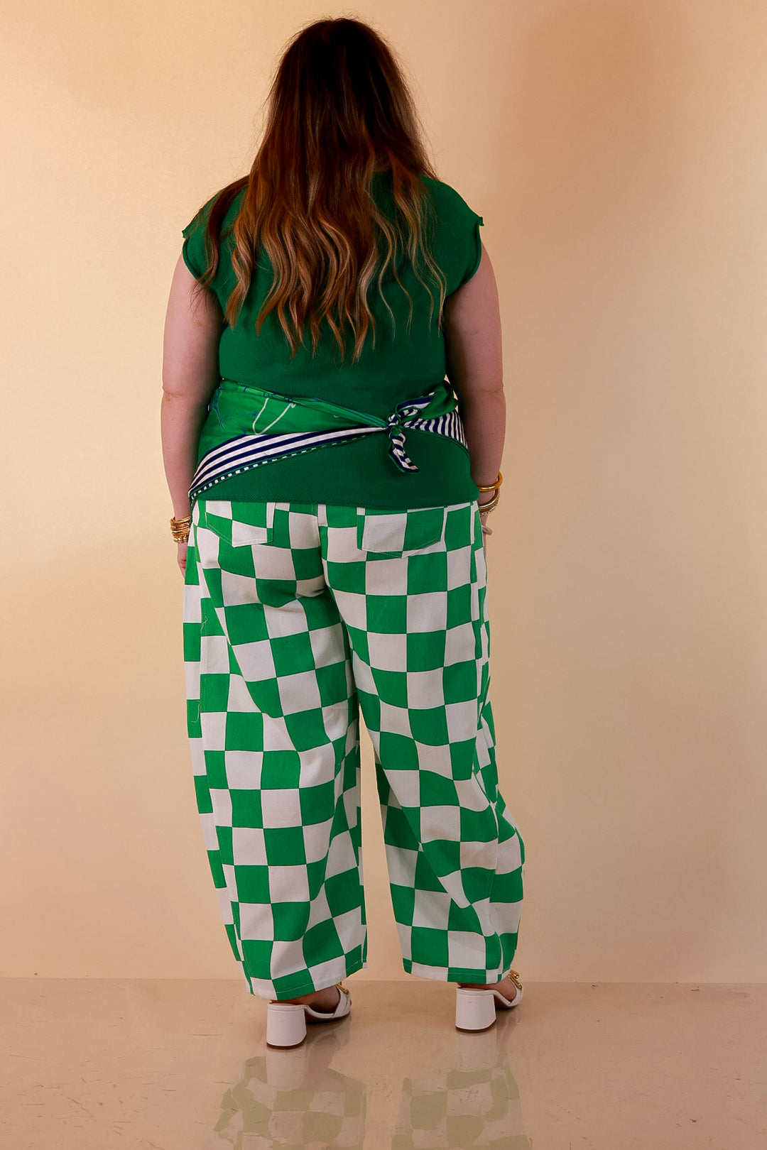 Check Me Out Wide Leg Checkered Print Barrel Denim Jean in Green