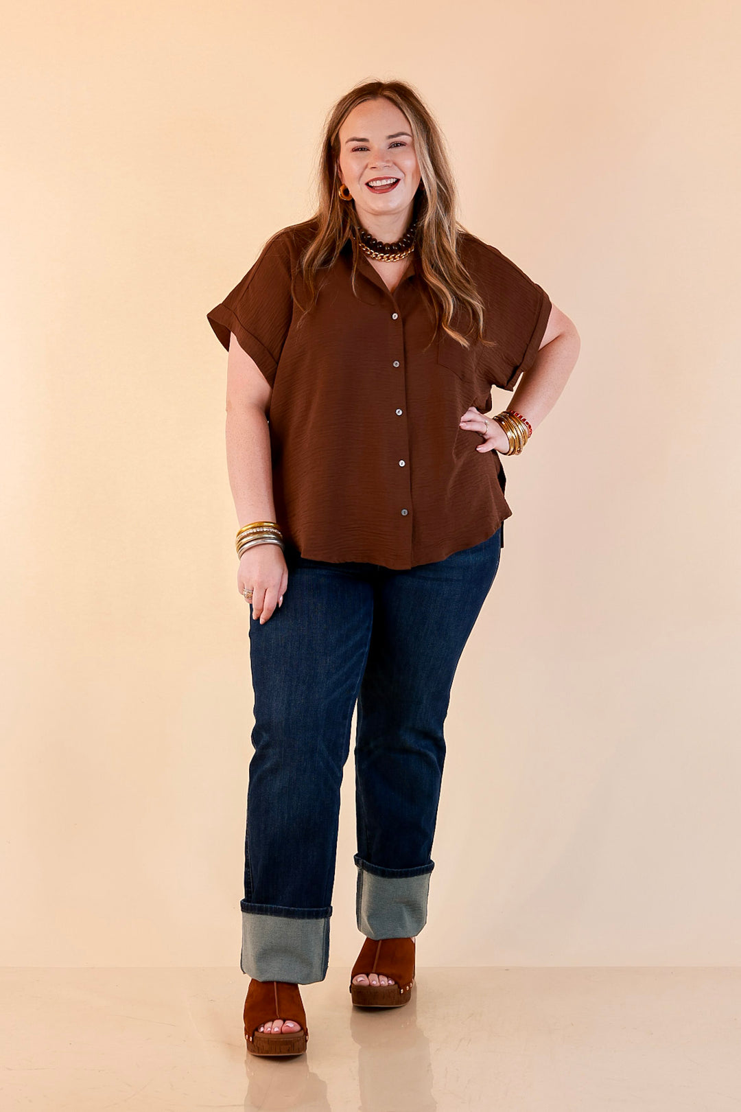 Timeless Appeal Woven Airflow Button Front Top with Rolled Cuff Short Sleeves and Front Pocket in Chocolate Brown