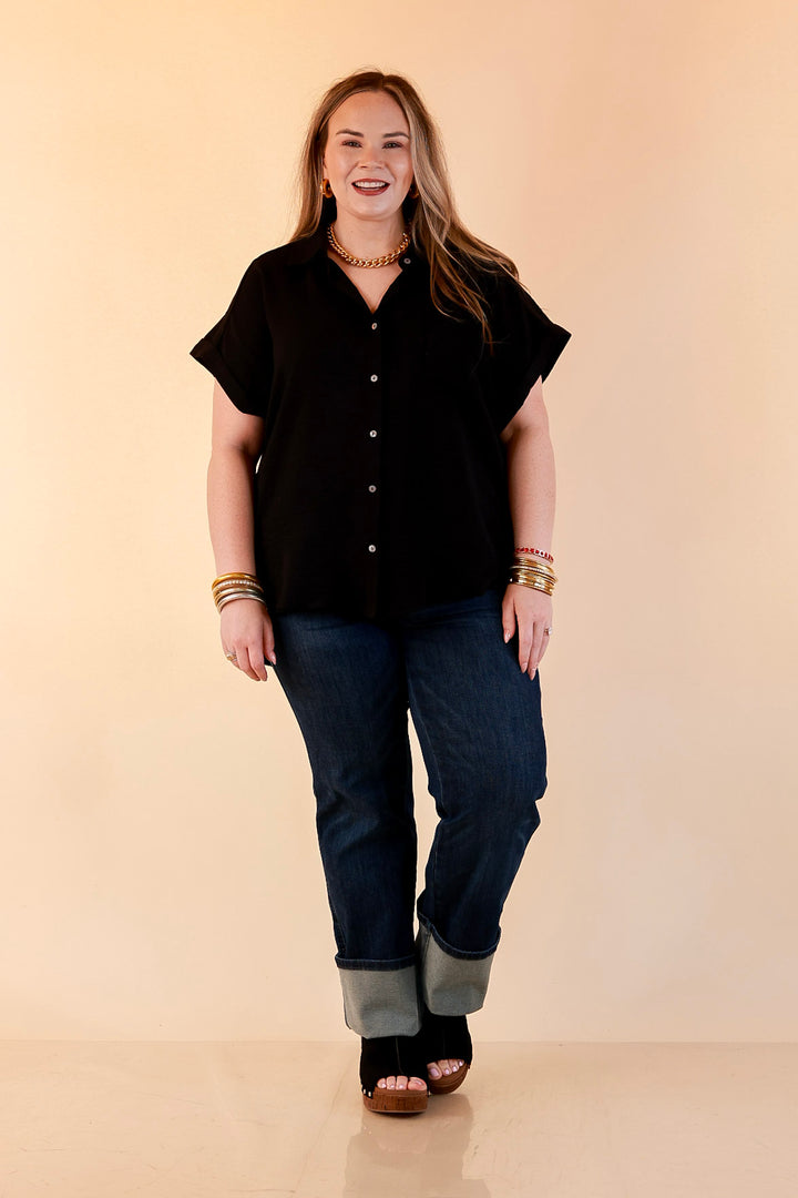 Timeless Appeal Woven Airflow Button Front Top with Rolled Cuff Short Sleeves and Front Pocket in Black