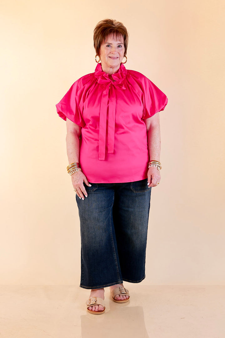 Make It Memorable Short Puff Sleeve Tie Neck Blouse with Gathered Neckline in Fuchsia Pink