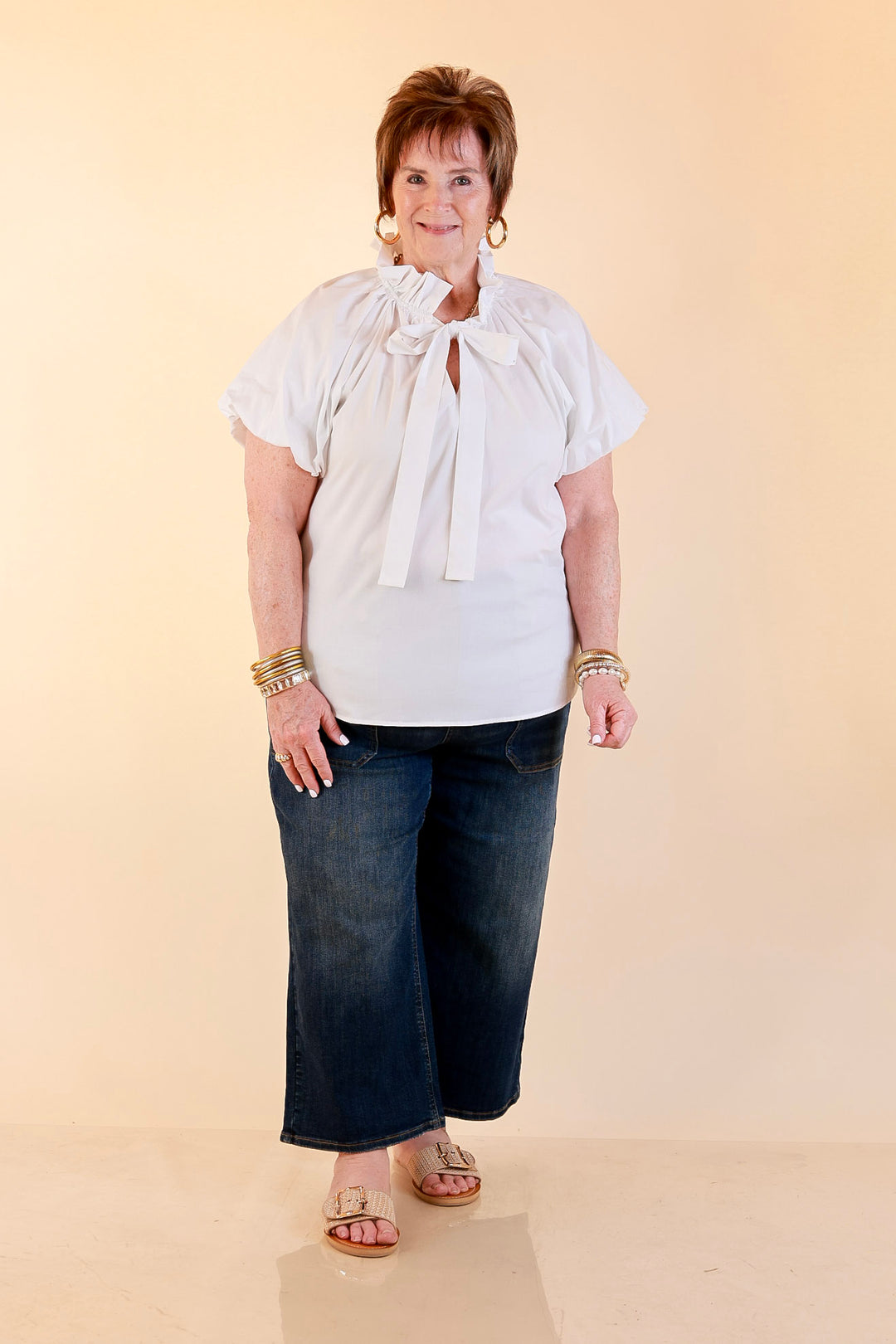 Make It Memorable Short Puff Sleeve Tie Neck Blouse with Gathered Neckline in White