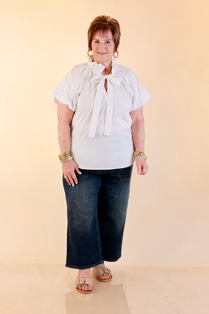 Make It Memorable Short Puff Sleeve Tie Neck Blouse with Gathered Neckline in White