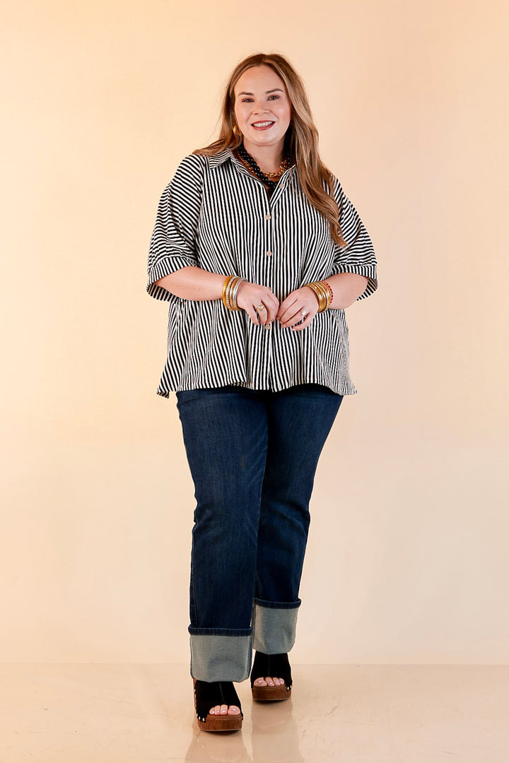 Perfectly Aligned Button Down Collared Top with Vertical Ivory Stripe Detail in Black