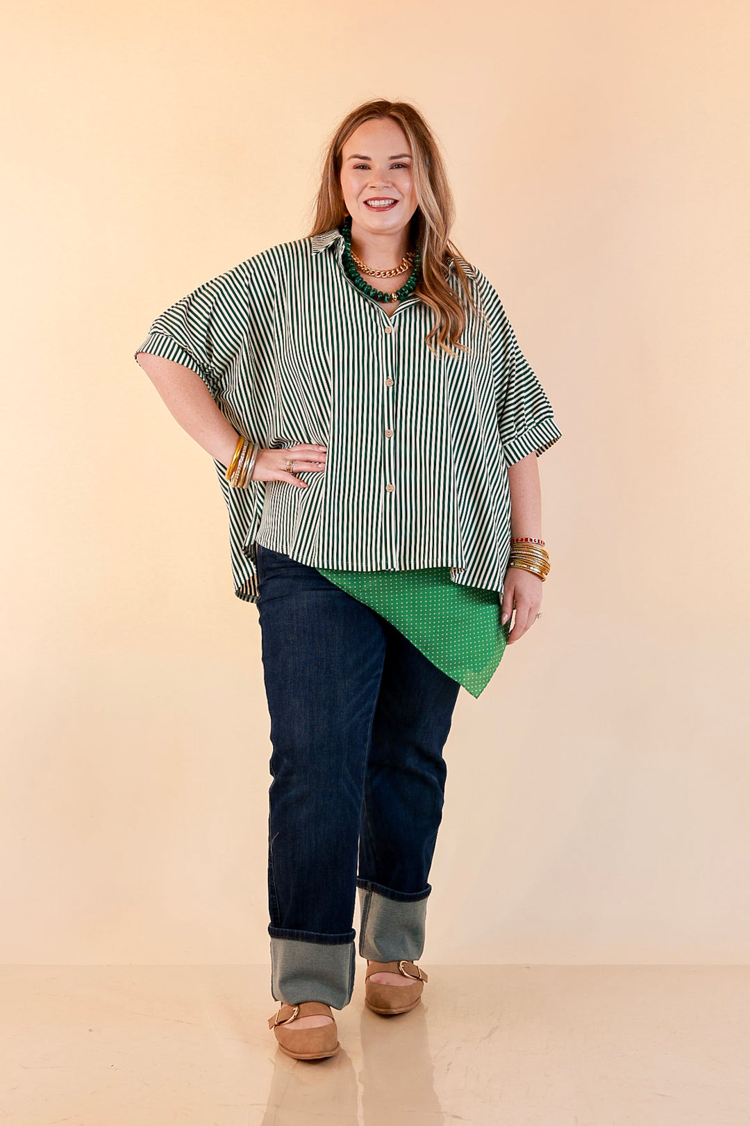 Perfectly Aligned Button Down Collared Top with Vertical Ivory Stripe Detail in Forest Green