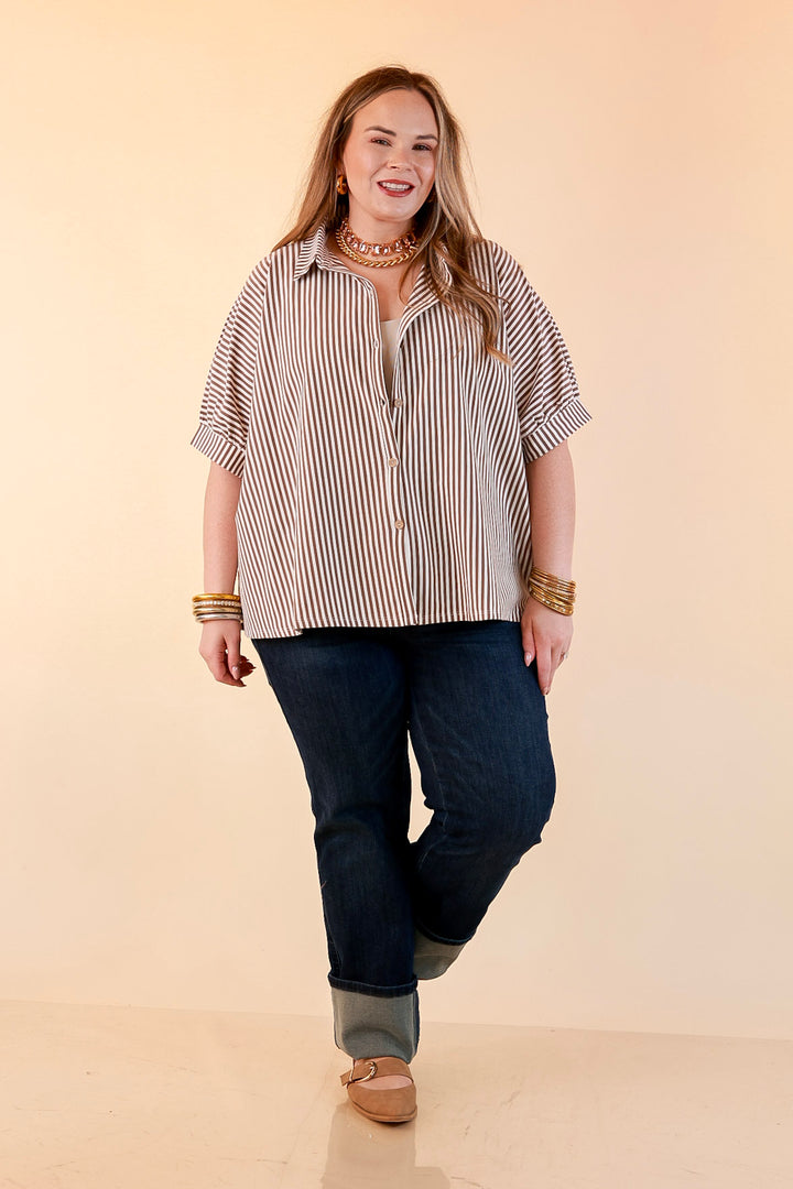 Perfectly Aligned Button Down Collared Top with Vertical Ivory Stripe Detail in Taupe Brown