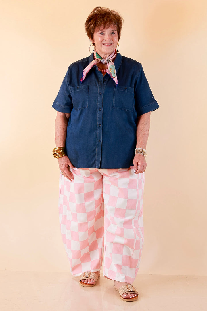 Check Me Out Wide Leg Checkered Print Barrel Denim Jean in Pink