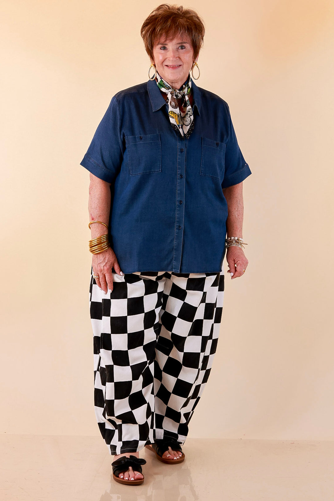 Check Me Out Wide Leg Checkered Print Barrel Denim Jean in Black
