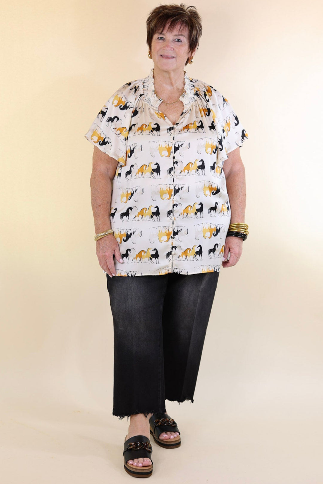 Away We Go Button Up Horse Print Shirt in Ivory