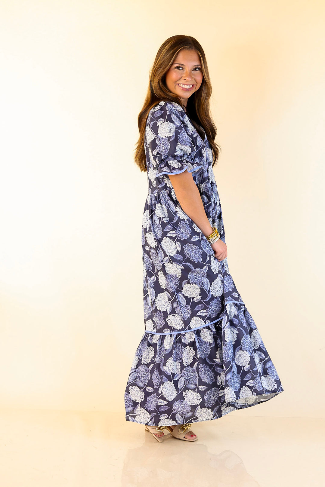 Petals & Poetry Hydrangea Floral Puff Sleeve Tiered Maxi Dress in Navy Blue