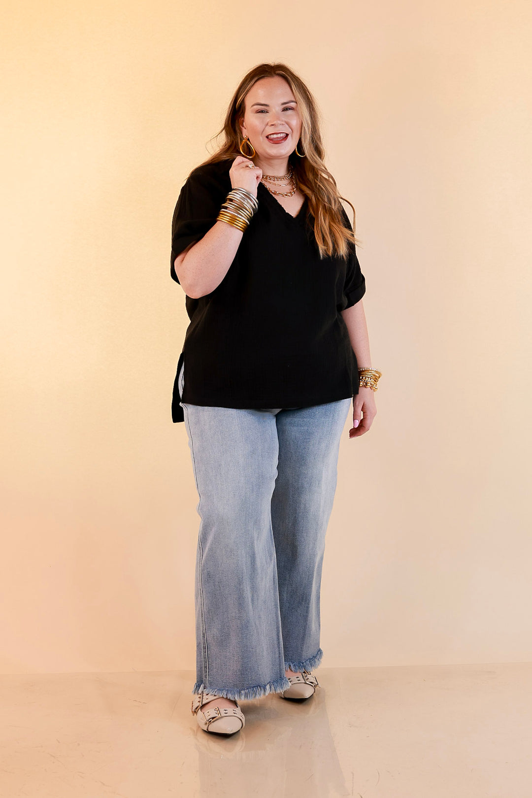 Quite Appropriate Short Sleeve Collared V Neck Linen Top with Rolled Sleeve Detail in Black
