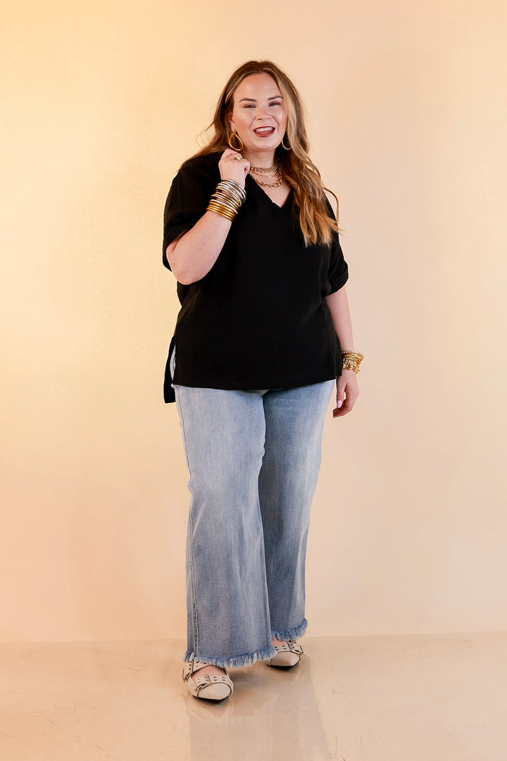 Quite Appropriate Short Sleeve Collared V Neck Linen Top with Rolled Sleeve Detail in Black