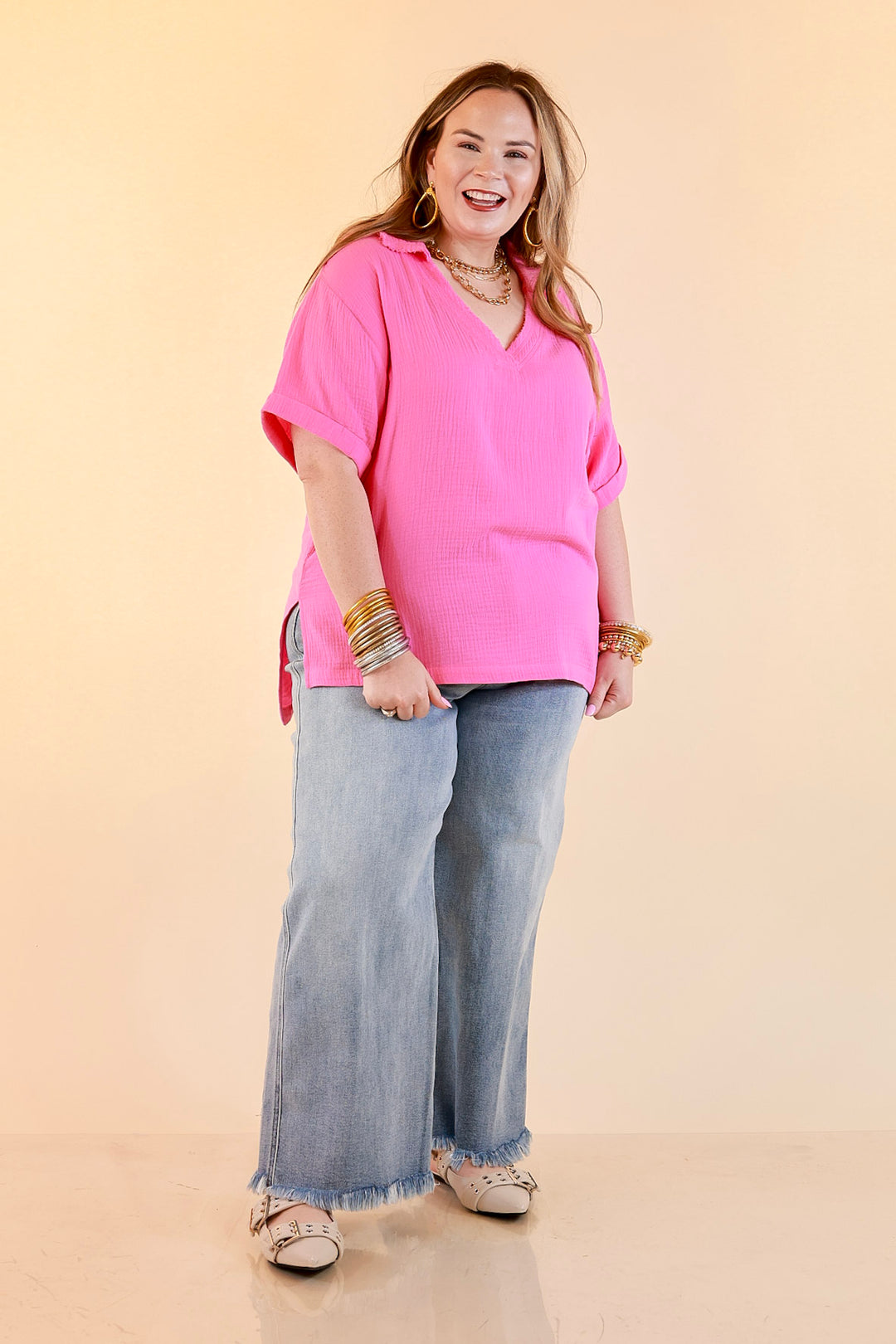 Quite Appropriate Short Sleeve Collared V Neck Linen Top with Rolled Sleeve Detail in Pink