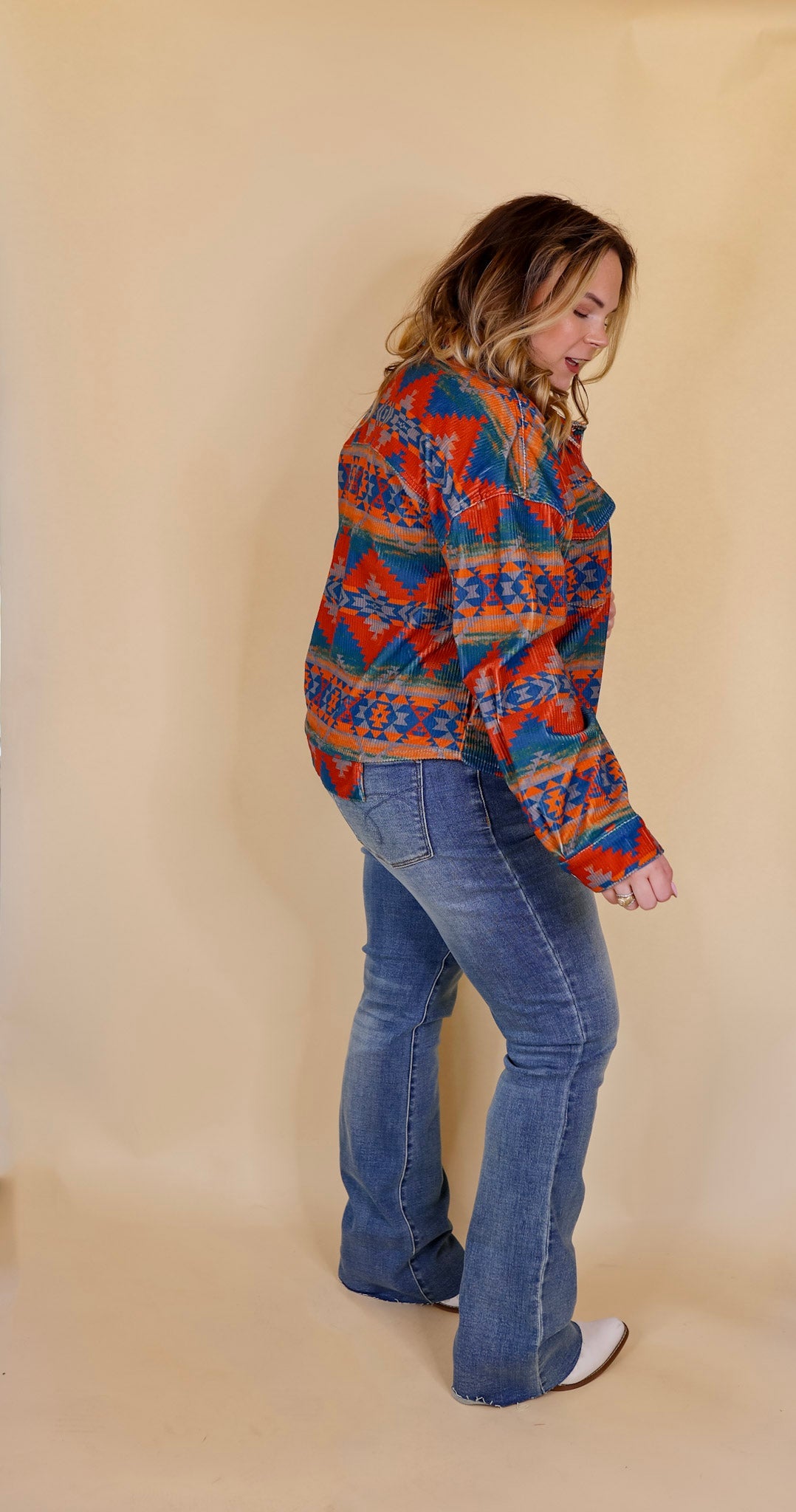 Edgy and Chic Button Up Corduroy Aztec Print Jacket in Red and Blue - Giddy Up Glamour Boutique