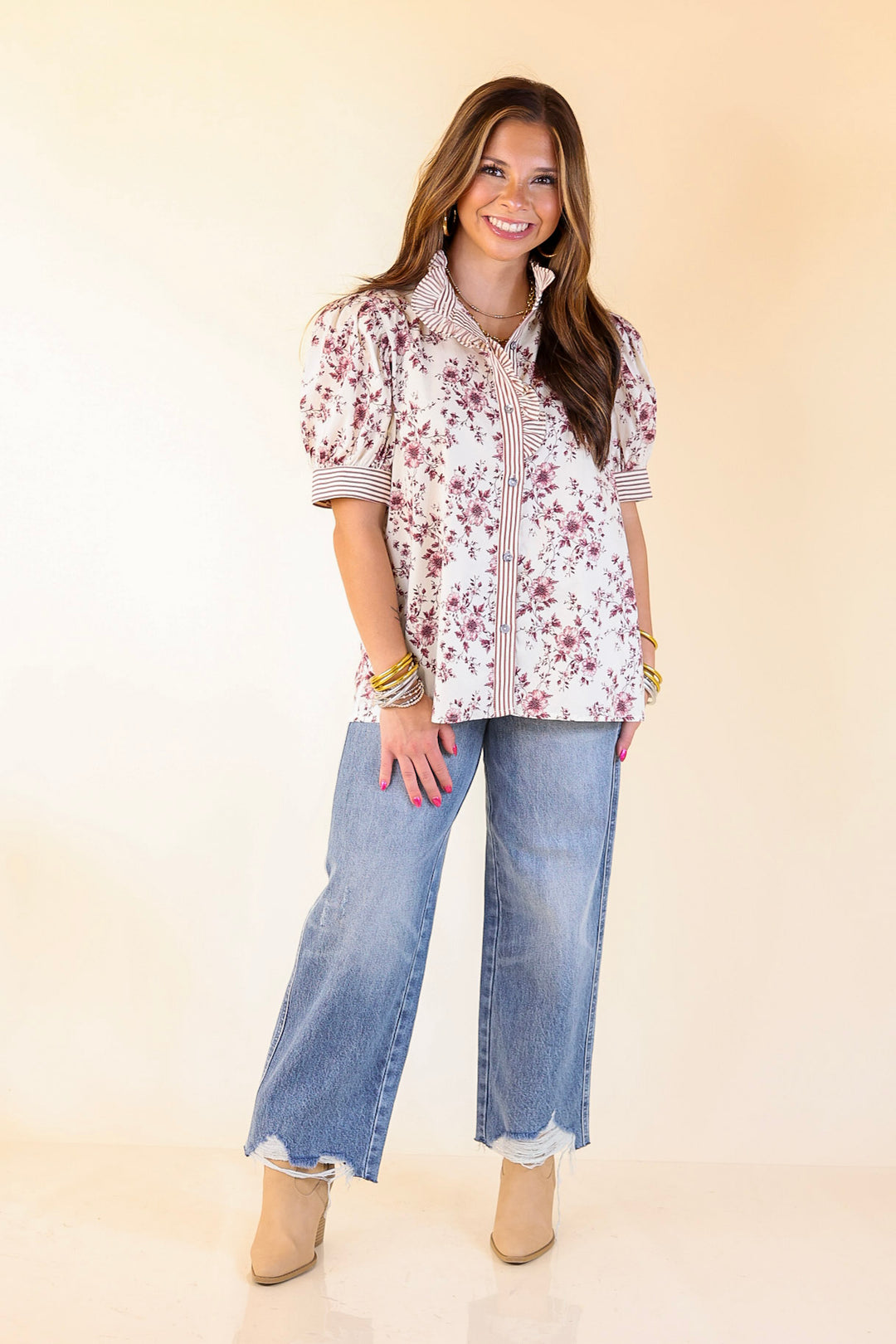 Timeless Beauty Button Up Puff Sleeve Top with Maroon Floral French Toile Print in Cream