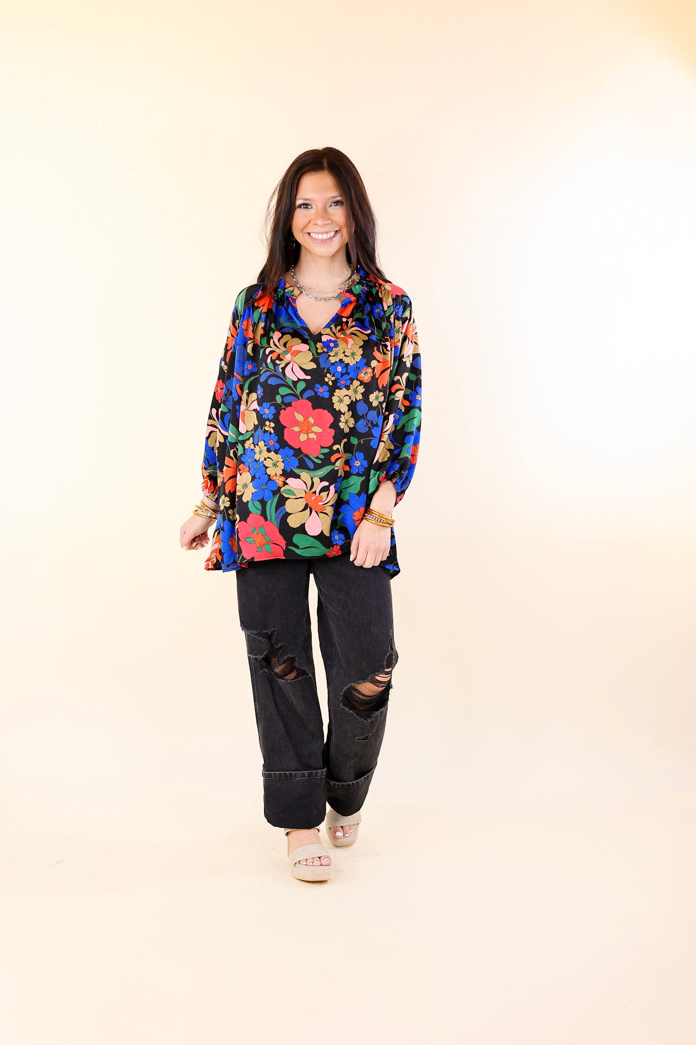 Falling For Floral 3/4 Sleeve Top with Notched Neck in Black