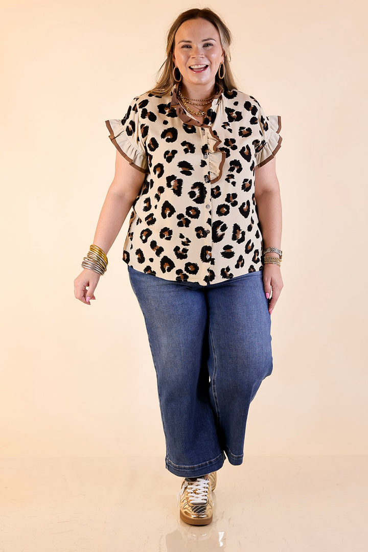Natural Charm Leopard Print Button Up Ruffle Sleeve Top in Taupe