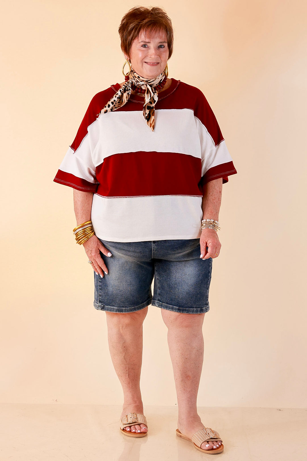 Simply Striking Color Block Rugby Style Wide Stripe Relaxed Short Sleeve Top in Maroon