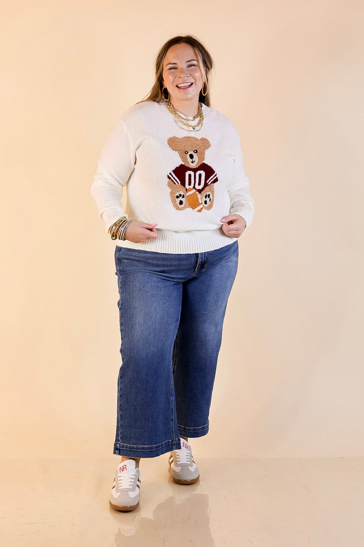 Simply Southern | Finest Touch Crewneck Sweater with Football Teddy Bear Graphic in Cream