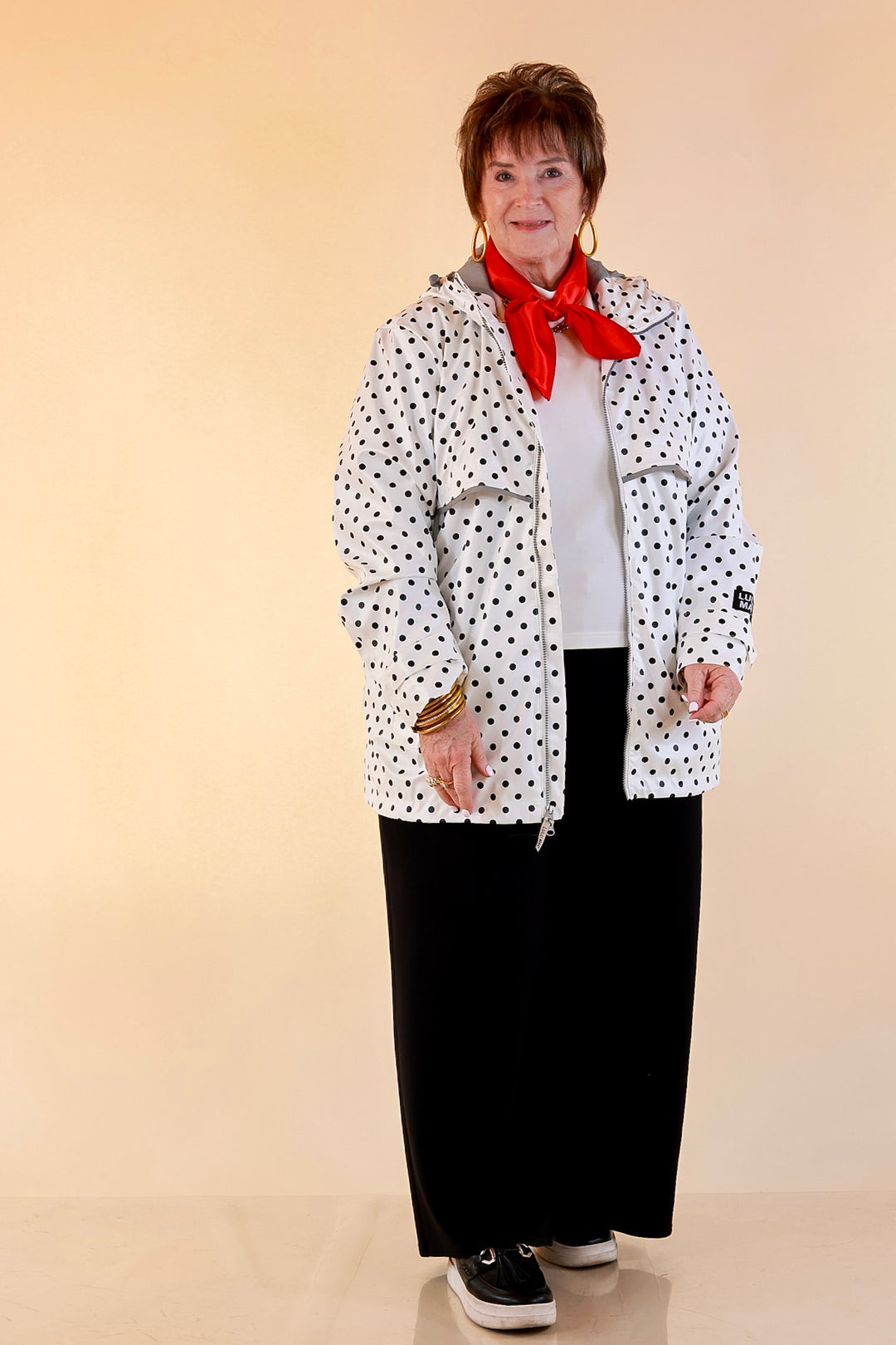 Lulu Mac | Chic Forecast Black Polka Dot Hooded Rain Jacket in Ivory