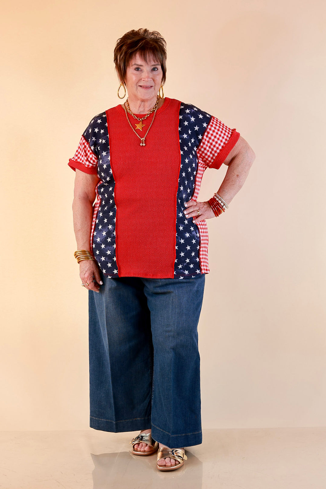 Make Your Mark Ribbed Scoop Neck Mixed Print Short Sleeve Top with Star and Gingham Detailing in Red