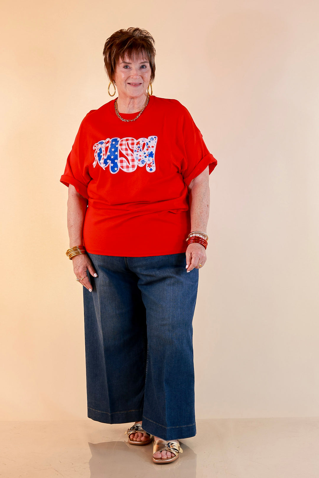 Sweet Land of Style USA Coquette Short Sleeve Graphic Tee with Bow Detailing in Red