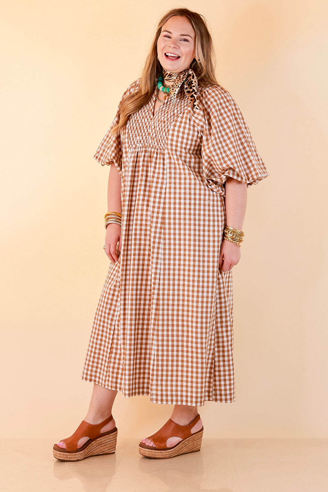 All Eyes on You Smocked Yoke Puff Sleeve Gingham Print Maxi Dress in Camel Brown and Ivory