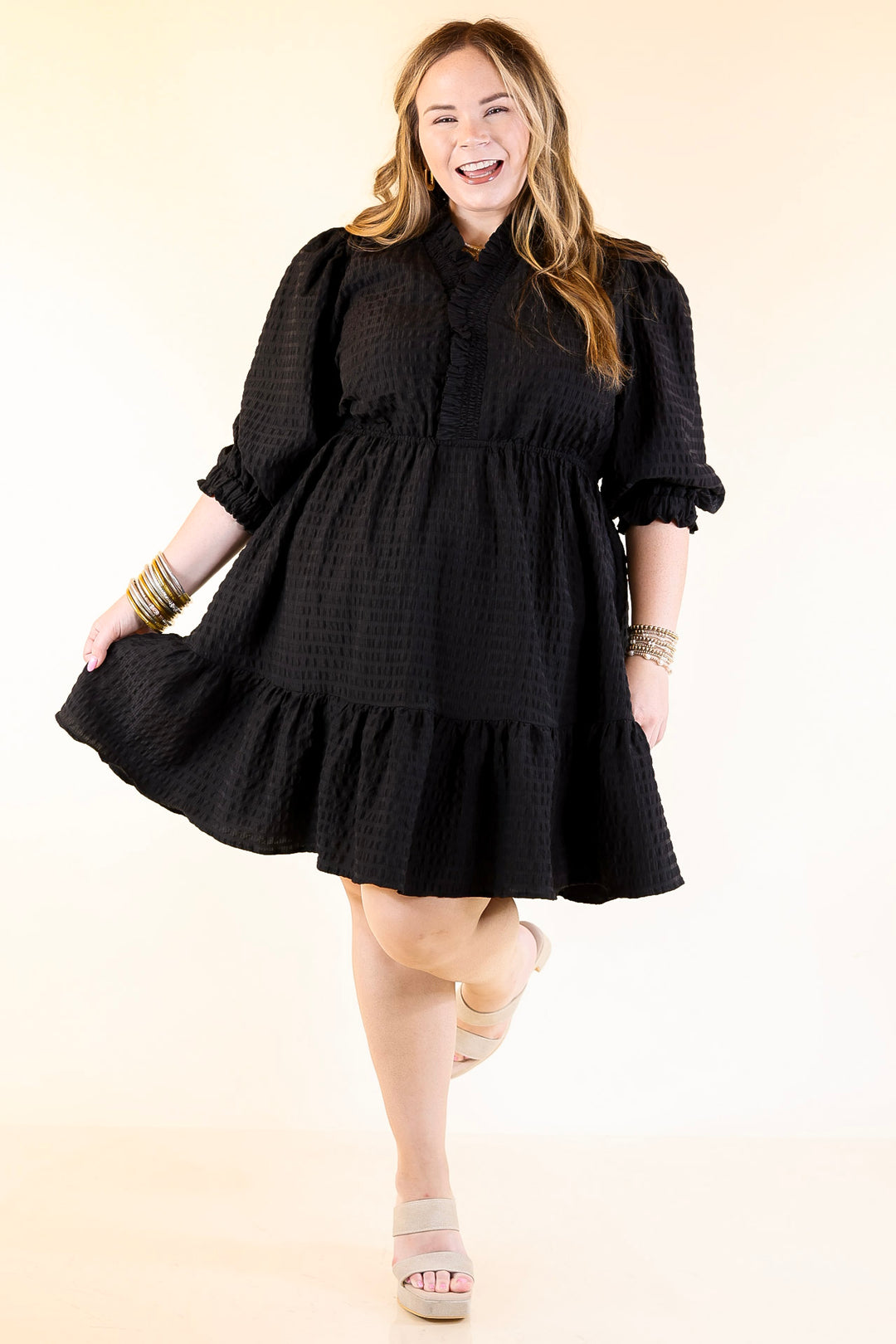 Call Me Captivating Dress with Smocked Waist and Long Sleeves Sleeves in Black