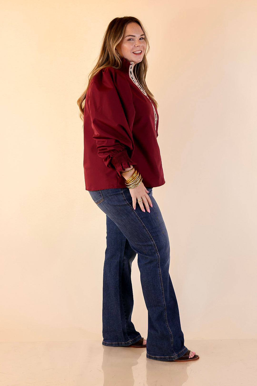 Trimmed in Style Puff Long Sleeve Blouse with Contrast Leopard Trim and Ruffle in Maroon