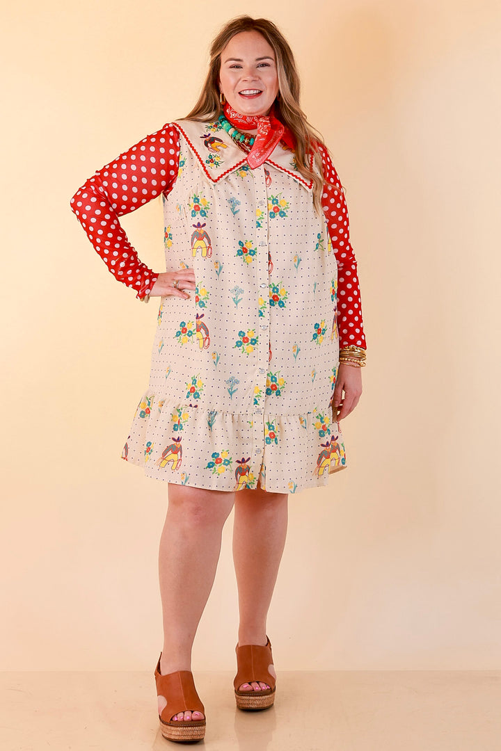 The Showstopper Sleeveless Pearl Snap Cowboy, Floral and Polka Dot Print Ruffle Dress with Sailor Collar and Cowboy Embroidery in Cream