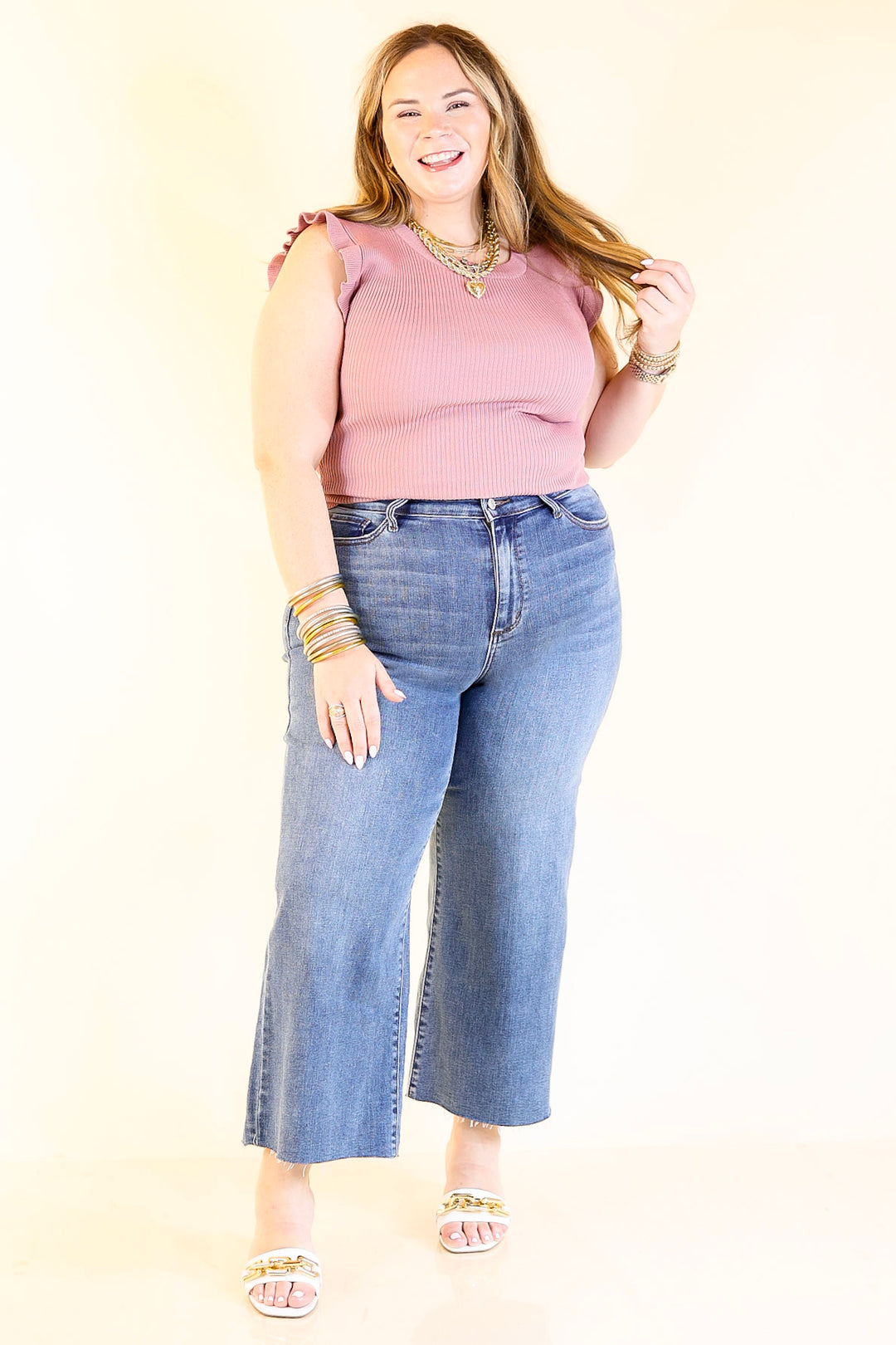 Flirty Frill Scoop Neck Top with Ruffle Sleeves in Mauve Pink