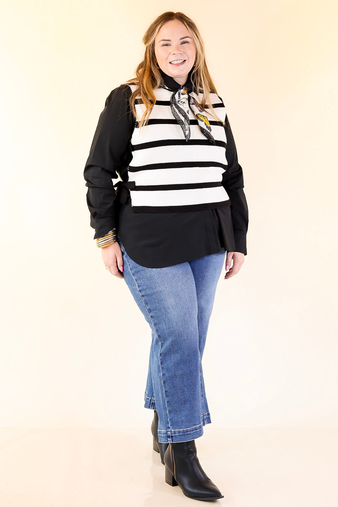 Tied Up in Style Knit Sweater with Side Ties in Off White with Black Stripes